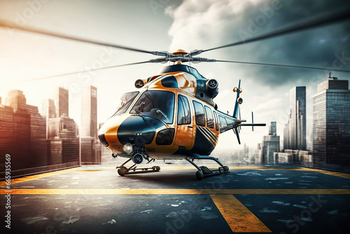 The helicopter landed on the helipad on the roof of a high-rise building. Generative AI 