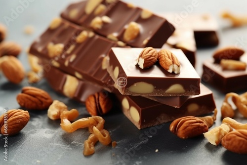 Tasty chocolate bars with caramel and nuts on light table, flat lay, Space for text, soft lightinig photo