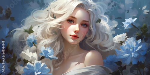 Illustration of a beautiful young girl with a wreath on her head of beautiful white and blue flowers. 