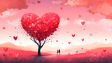 valentines day background - silhouette of couple in love near tree with hearts as leaves. Neural network generated image. Not based on any actual scene or pattern.