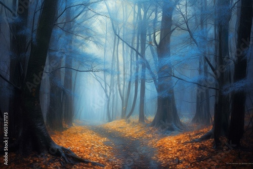 Enchanting blue mist veils a surreal forest drenched in autumnal hues, emanating a mystical ambiance. Generative AI