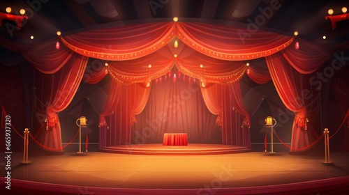 This vector illustration portrays a cartoon circus stage background. It features a carnival arena with a classic red vintage theater curtain, creating a festive and theatrical atmosphere. 