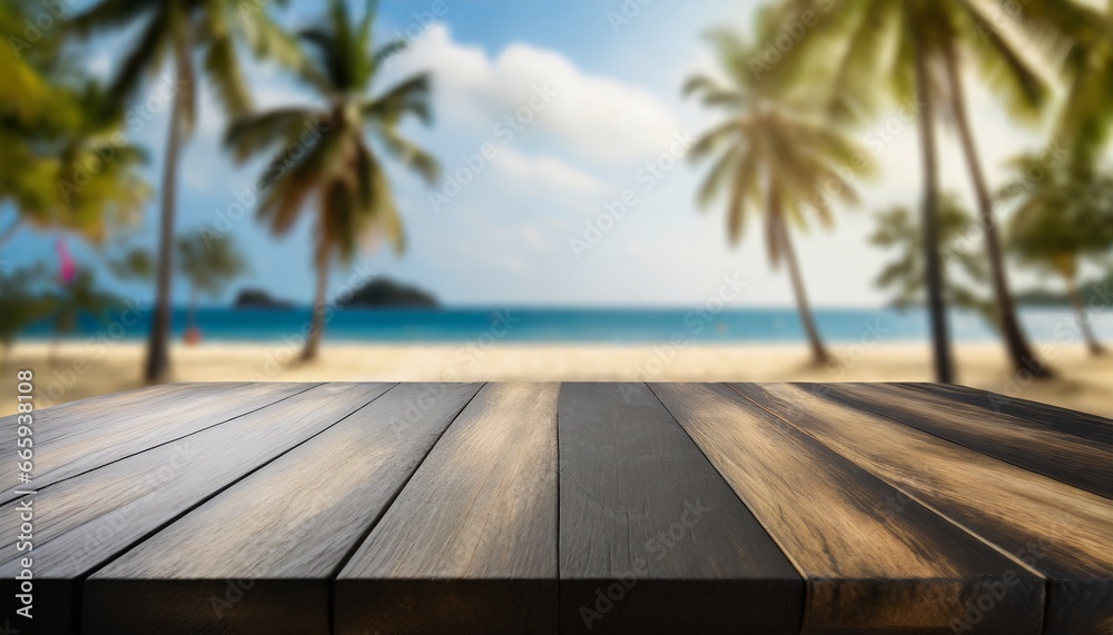 wooden table on the beach, Sandy Serenity: Tropical Beach Background for Your Products