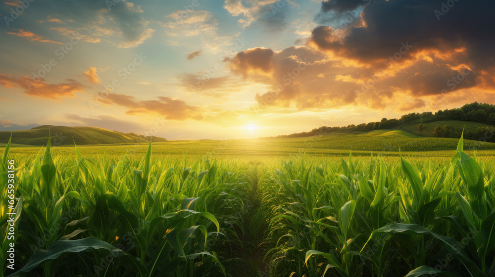 The agricultural land of a green corn farm with a perfect sky. Location place of Ukrainian agricultural region, Europe. Cultivated fields. Photo wallpaper. Minimalistic landscape. Beauty of earth. - obrazy, fototapety, plakaty 