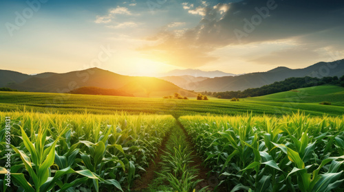 The agricultural land of a green corn farm with a perfect sky. Location place of Ukrainian agricultural region  Europe. Cultivated fields. Photo wallpaper. Minimalistic landscape. Beauty of earth.