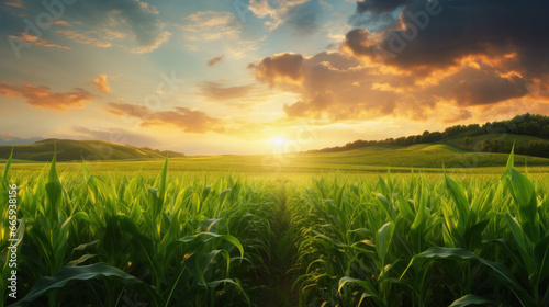 The agricultural land of a green corn farm with a perfect sky. Location place of Ukrainian agricultural region  Europe. Cultivated fields. Photo wallpaper. Minimalistic landscape. Beauty of earth.