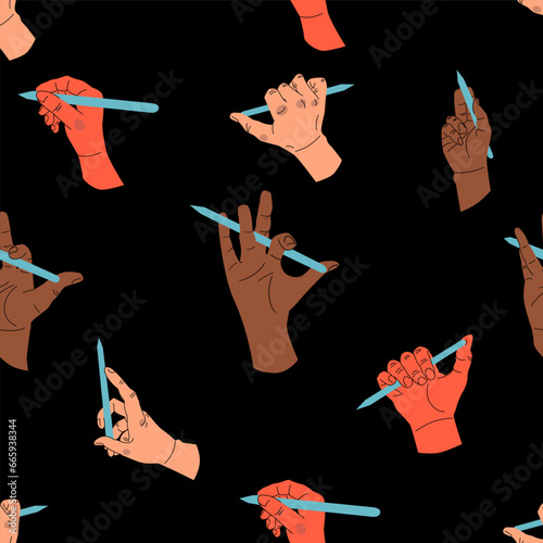 Colorful Hands holding pencil seamless pattern. Different gestures. Hand drawn vector illustration isolated on black background.