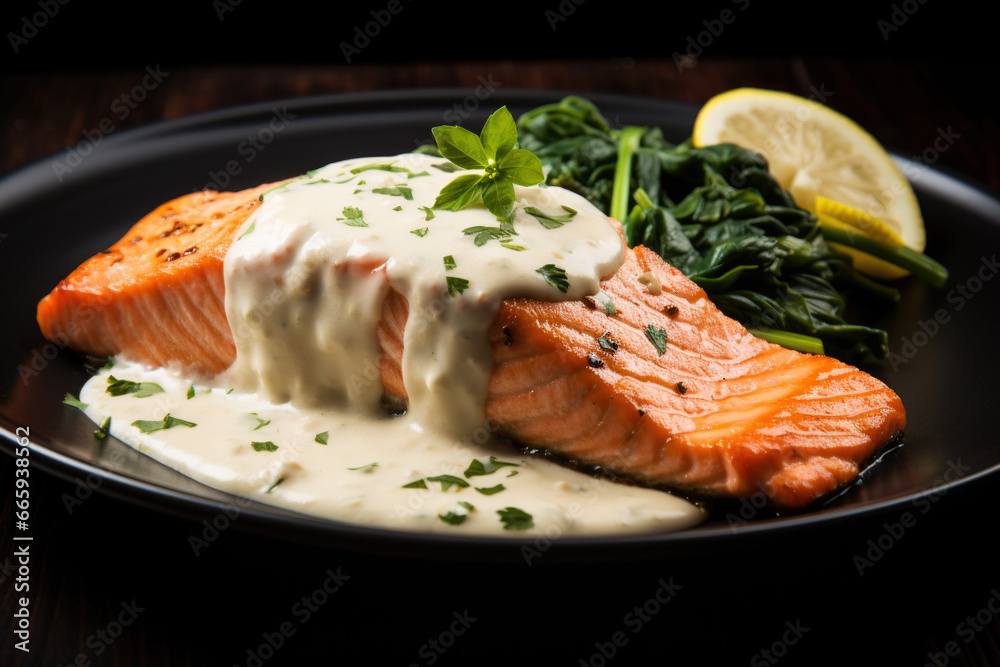 Jamaican salmon with coconut cream sauce on the black plate close up Jamaican salmon with coconut cream sauce on the black plate close up