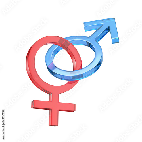 Glass red female and blue male gender signs on transparent background