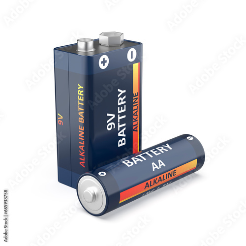 Nine volt and AA size batteries on white background photo