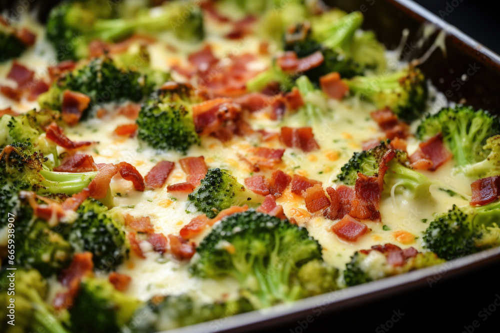 Broccoli with cheese and bacon baking in the oven close up Broccoli with cheese and bacon baking in the oven close up