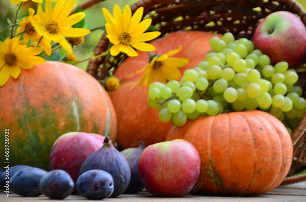 Assortment of fruits, grapes and nuts. Autumn seasonal harvest. pumpkin apples, red, yellow leaves. food still life with season fruits. Thanksgiving day, Halloween decoration fall design Assortment of fruits, grapes and nuts. Autumn seasonal harvest. pumpkin apples, red, yellow leaves. food still life with season fruits. Thanksgiving day, Halloween decoration fall design