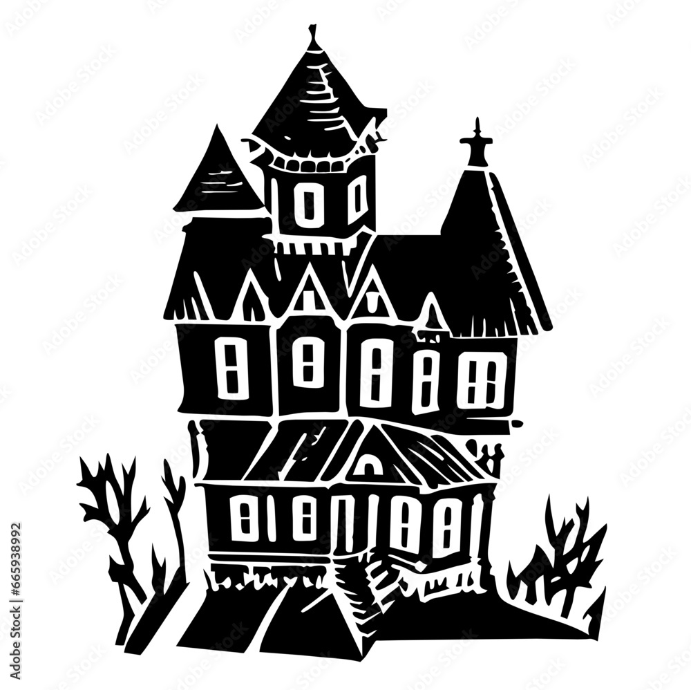 Halloween haunted house vector illustration, castle, dead tree