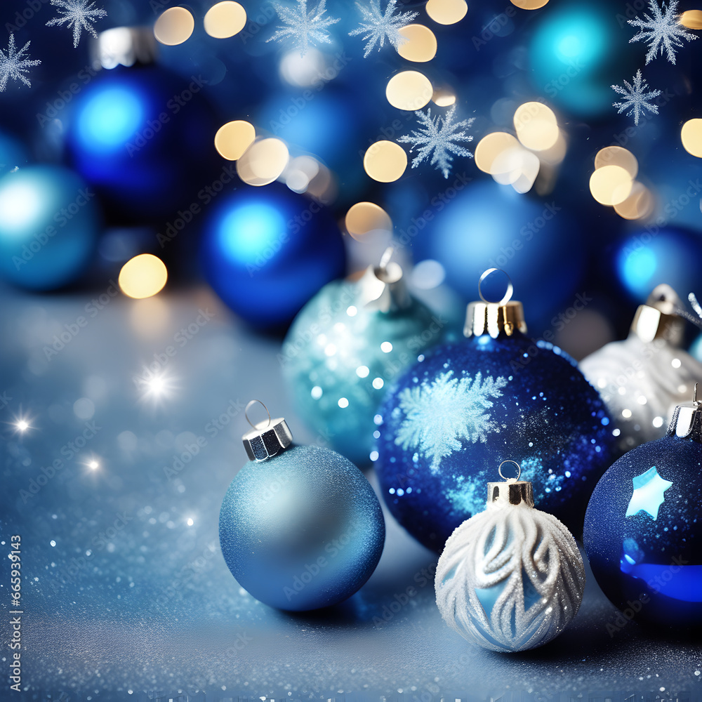 Illustration with snowflakes, beautifully glowing blue and silver Christmas balls and Christmas lights on a blue background. Illustration with snowflakes, beautifully glowing blue and silver Christmas balls and Christmas lights on a blue background.