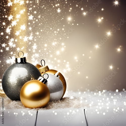 Christmas illustration with golden and silver Christmas ball ornaments, beautiful shining stars, and lights. 2