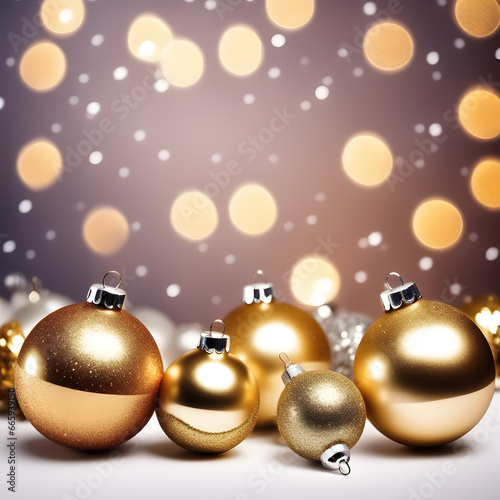 Christmas illustration with golden Christmas balls ornaments, beautiful shining stars, and lights