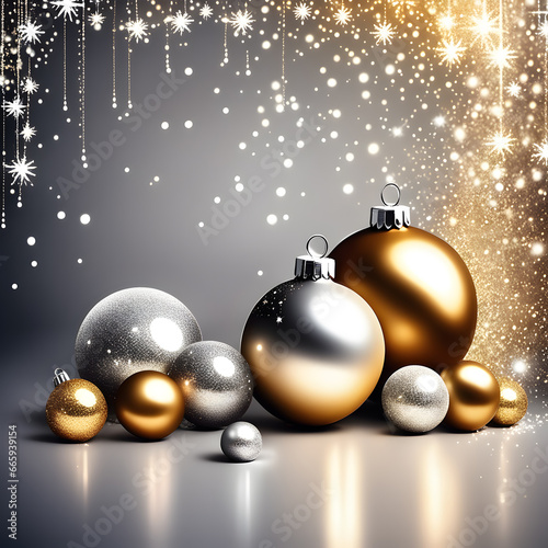 Christmas illustration with golden and silver Christmas ball ornaments, beautiful shining stars, and lights.