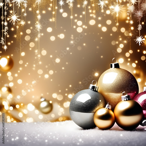 Christmas illustration with golden and silver Christmas ball ornaments, beautiful shining stars and lights on a golden background.