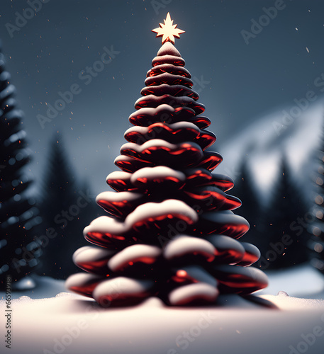 A fantasy style illustration of a Christmas tree glowing red in a snowy forest.