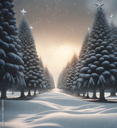 A fantasy illustration of a snowy Christmas tree market with an ethereal sunset.