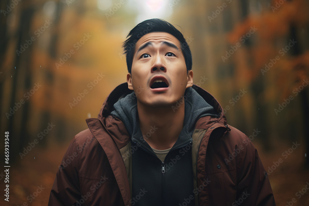 Asian man lost in forest at autumn evening. Neural network generated image. Not based on any actual person or scene.