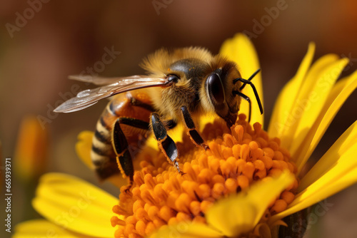 Nature's tiny miracle workers in action a bee collecting nectar from a bright flower. pollination to honey production, these important creatures contribute to balance of our ecosystem. AI Generative. © sorapop