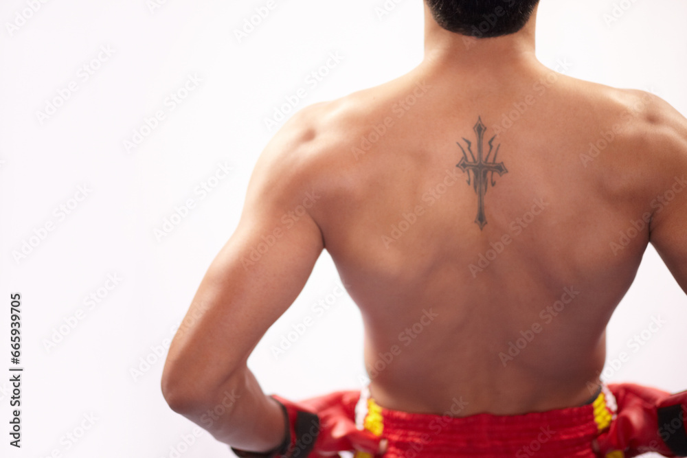 Fototapeta premium Sports, strong back or mma person, boxer or fighter ready for muay thai contest, competition or fight challenge. Muscle, battle or studio athlete training, fitness or boxing pride on white background
