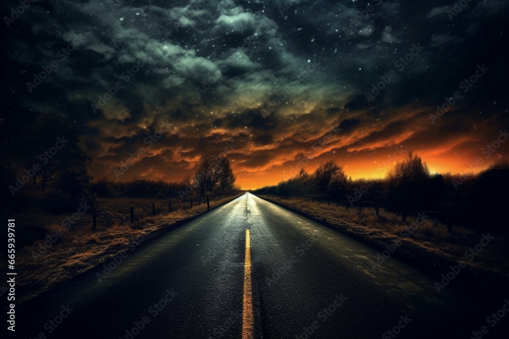 Desolate road at midnight, perfect for background or wallpaper. Generative AI