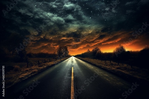 Desolate road at midnight, perfect for background or wallpaper. Generative AI