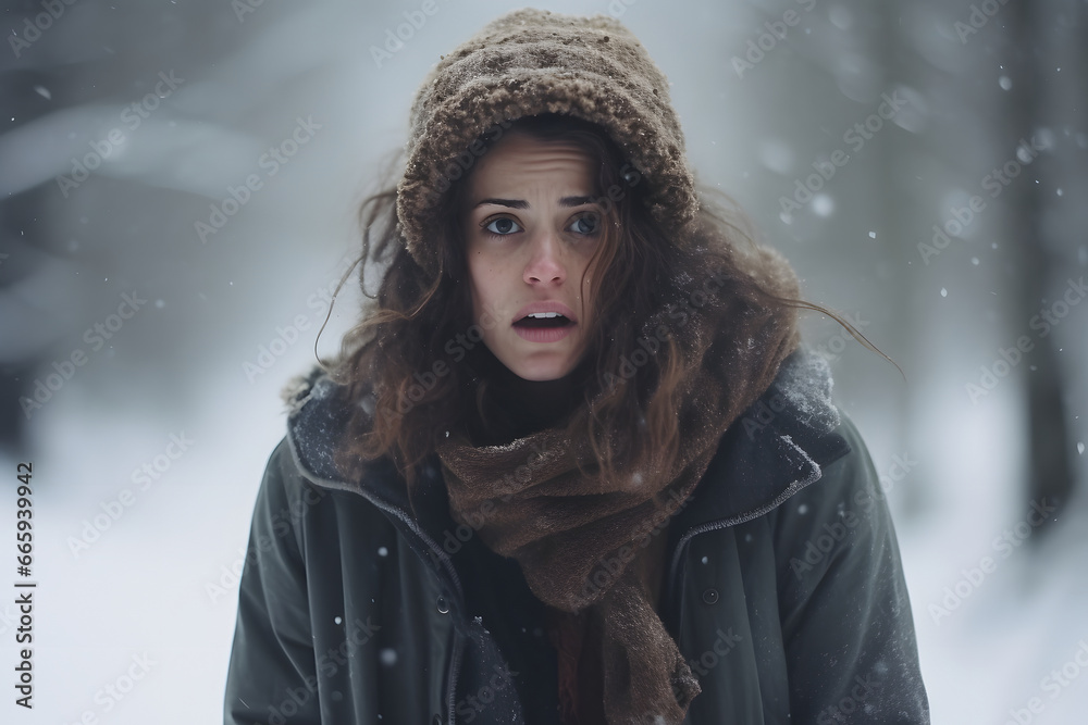 Caucasian young adult woman lost in forest at evening. Neural network generated image. Not based on any actual person or scene. Caucasian young adult woman lost in forest at evening. Neural network generated image. Not based on any actual person or scene.