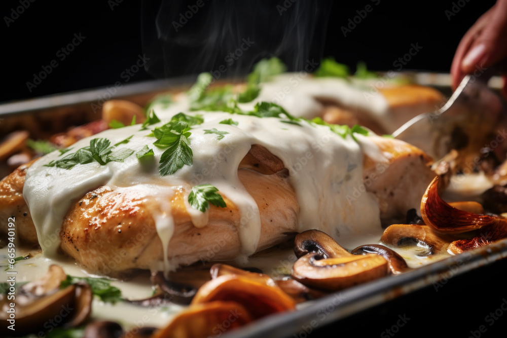 Chicken breast with white sauce and mushrooms roasting in the oven close up - obrazy, fototapety, plakaty 