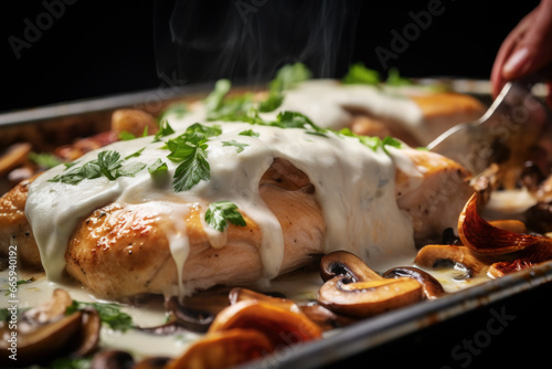 Chicken breast with white sauce and mushrooms roasting in the oven close up photo