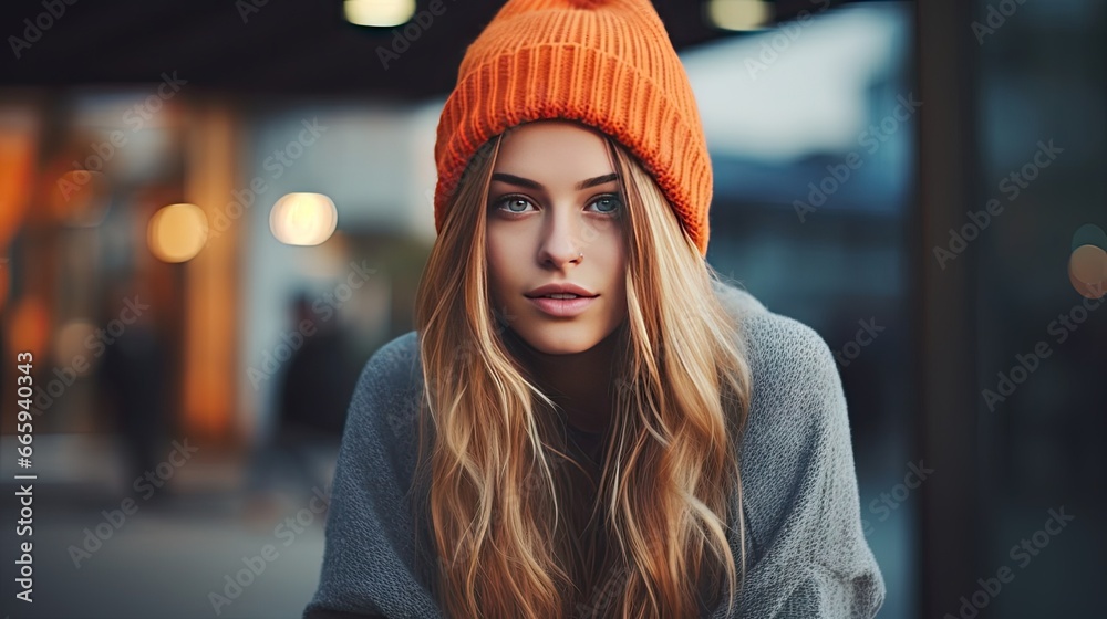 a woman with long blonde hair wearing an orange hat and looking at the camera. generative ai a woman with long blonde hair wearing an orange hat and looking at the camera. generative ai