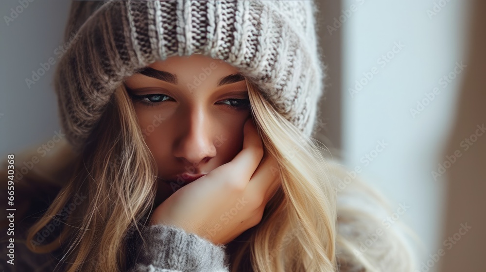 a woman with long blonde hair wearing a beanie hat. generative ai a woman with long blonde hair wearing a beanie hat. generative ai