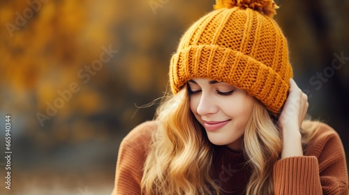  a woman wearing a yellow knitted hat with a pom pom. generative ai
