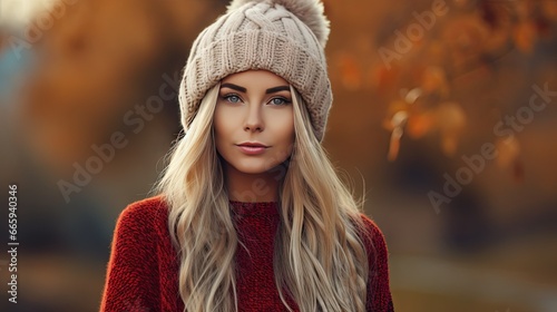  a woman with long blonde hair wearing a knitted hat. generative ai
