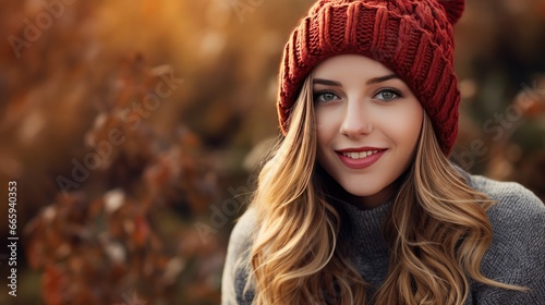  a woman wearing a red knitted hat and smiling at the camera. generative ai