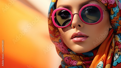  a woman wearing sunglasses and a headscarf with a scarf around her head. generative ai