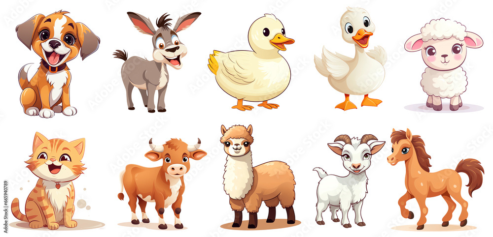 Setr of Adorable Farm Animal Clipart Sticker on transparent Background, png, generated ai