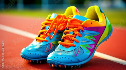 Zapatillas deportivas con tacos y colores llamativos expuestas en una pista de atletismo photo