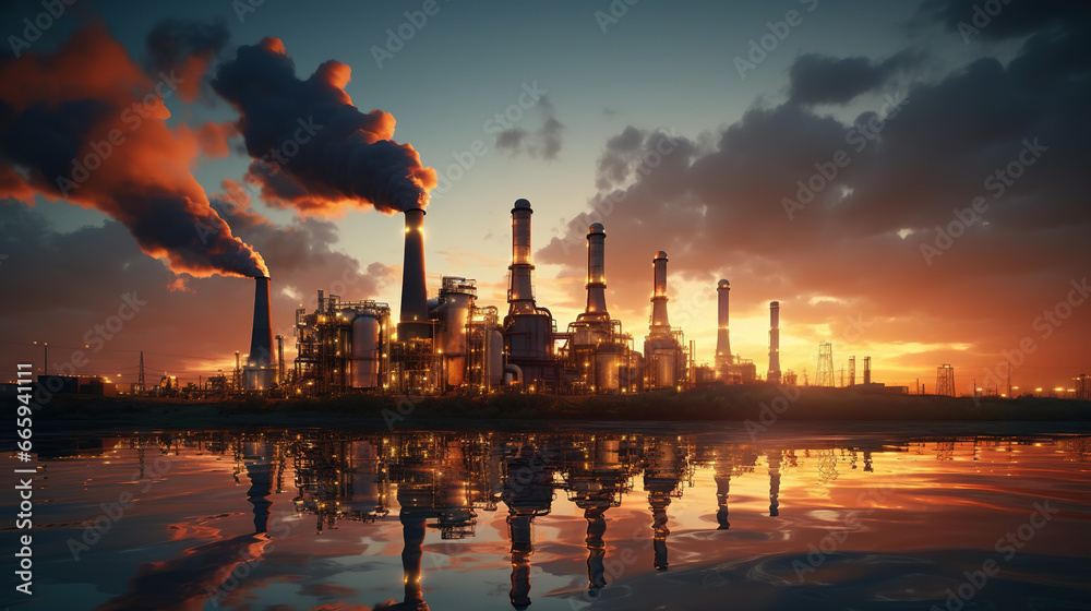 Twilight at Oil Refinery: Industrial Energy Plant in the Desert for Petroleum Gas Production