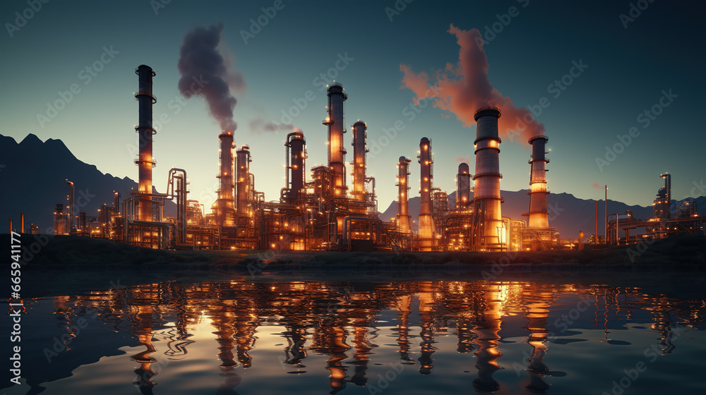 Twilight at Oil Refinery: Industrial Energy Plant in the Desert for Petroleum Gas Production Twilight at Oil Refinery: Industrial Energy Plant in the Desert for Petroleum Gas Production