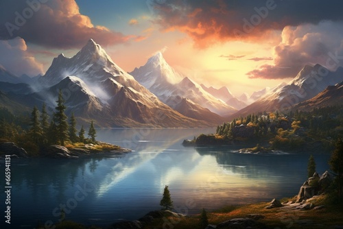 A serene mountain lake landscape with calm waters and stillness, embraced by vast surrounding mountains. Generative AI