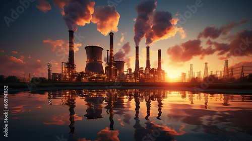 Twilight at Oil Refinery: Industrial Energy Plant in the Desert for Petroleum Gas Production