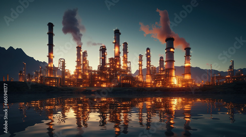 Twilight at Oil Refinery: Industrial Energy Plant in the Desert for Petroleum Gas Production