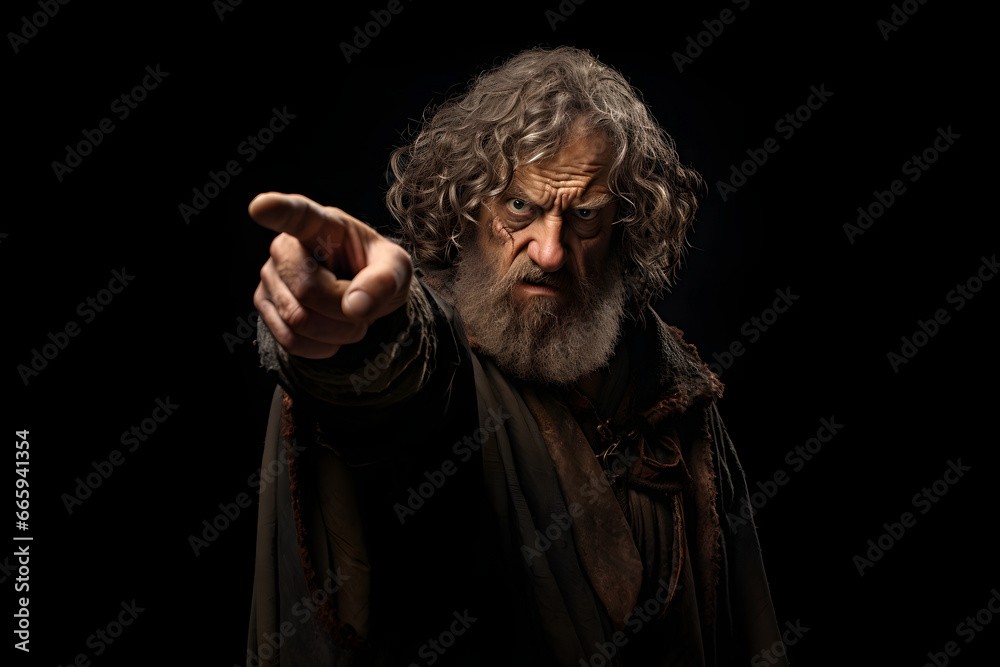 Medieval man points finger at you on black background . Neural network generated image. Not based on any actual person or scene. Medieval man points finger at you on black background . Neural network generated image. Not based on any actual person or scene.