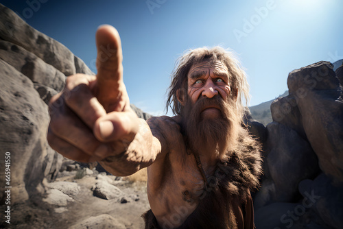 stone age mature bearded man points finger at viewer side. Neural network generated image. Not based on any actual person or scene.