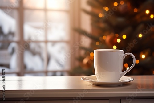 white cup of coffee on kitchen table bar christmas decoration photo