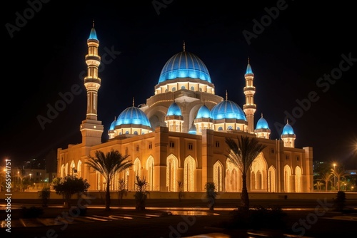 The beautiful serene mosque at night in the blessed month of ramadan the illuminated