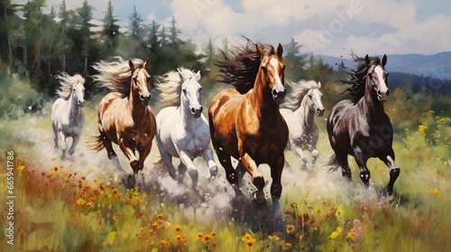 A group of running horses in a field with wildlife. generated by AI tool © Sundas